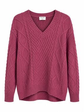 Aritzia Sunday Best Peggy V Neck Sweater XL Merino Wool Cable Knit Burgundy